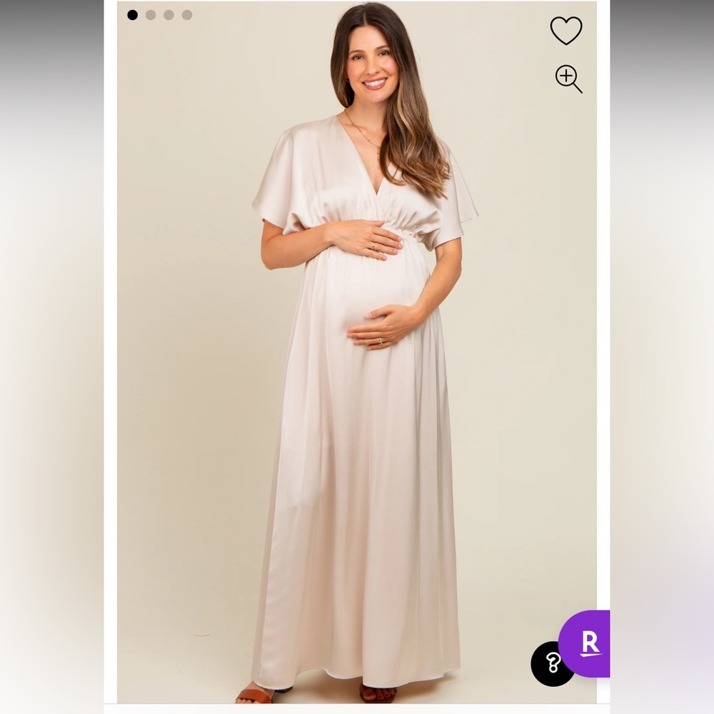 Cream Satin V-Neck Flutter Short Sleeve Maternity Maxi Small
